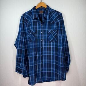 Men's Plains Western Wear Blue Plaid Western Style Pearl‎ Snap Shirt Size 2X